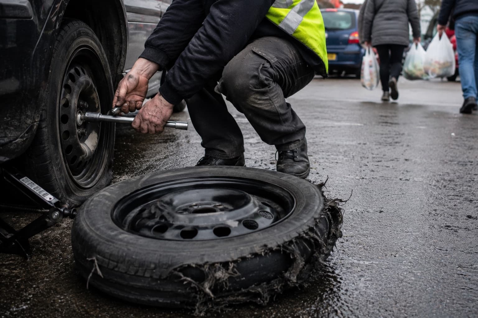 Close on a pair of hands working a wheel brace on the back tyre of a car, hi-vis and a space-saver wheel on the tarmac, blurred legs and shopping bags passing behind in a British town car park.